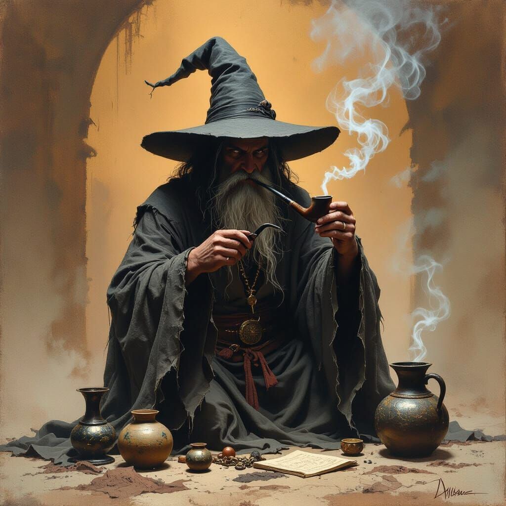 Dark Fantasy Wizard Smoking Pipe in Frazetta Style