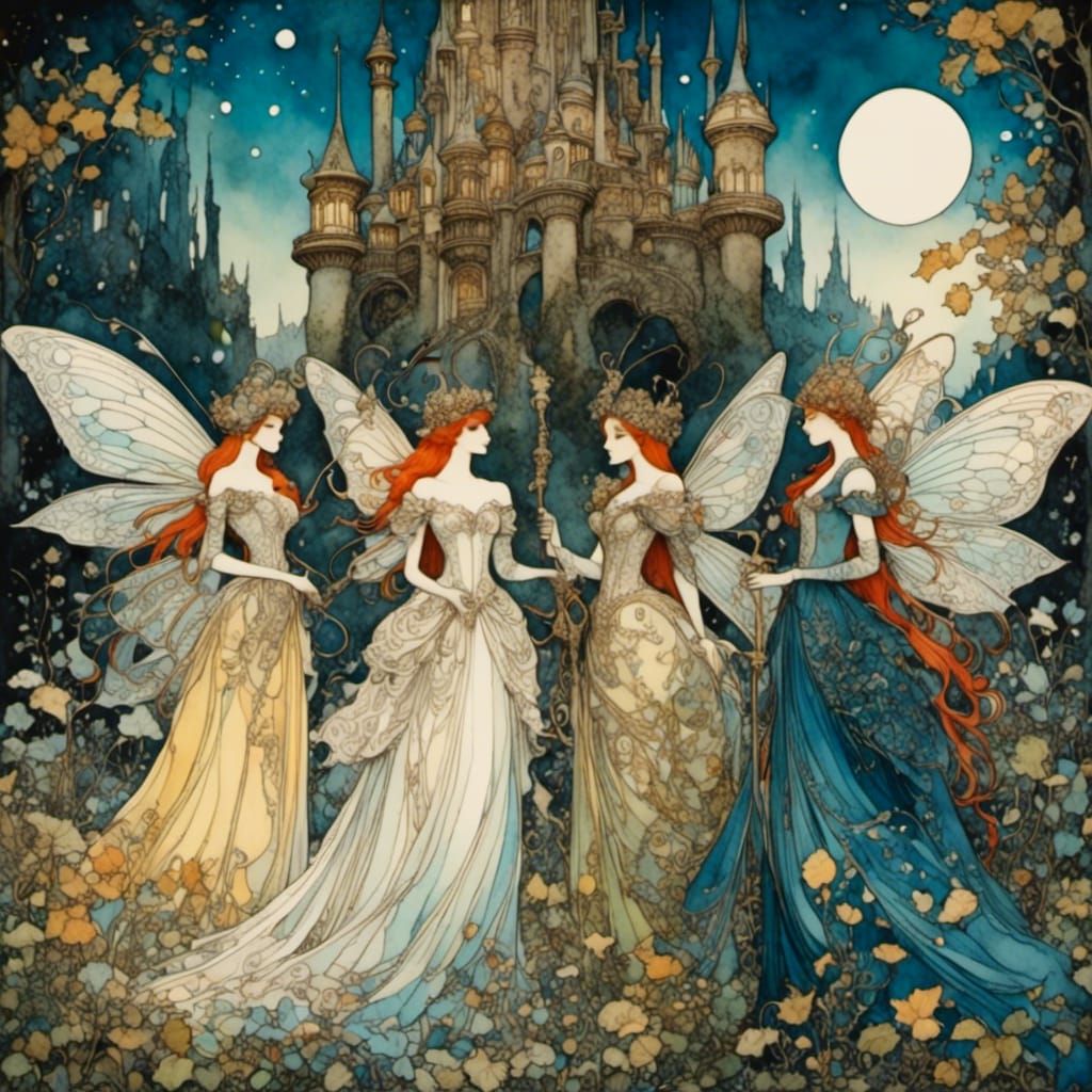 Chloris(Flora), Panis(Fauna), Aethria(Merriweather) and Mycete(Mycota, the Mushroom Fairy) - Inspired by Aubrey Beardsle...