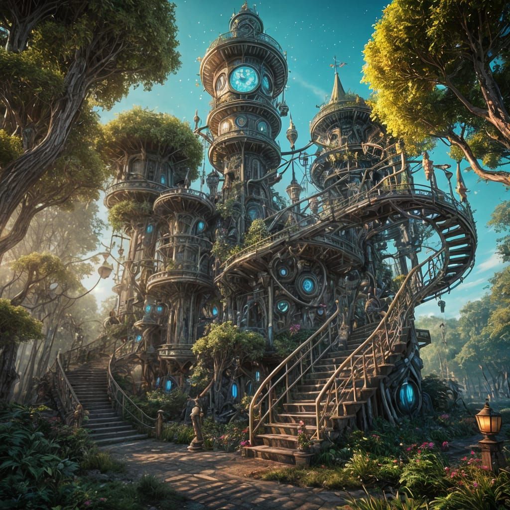 Dreamlike Biopunk Clock Tower in Luminous Ink