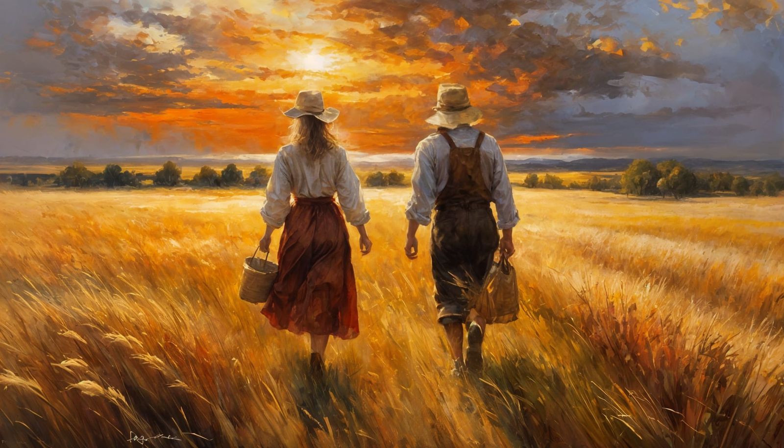 Rustic Scarecrow Guards Golden Wheat Field at Sunset