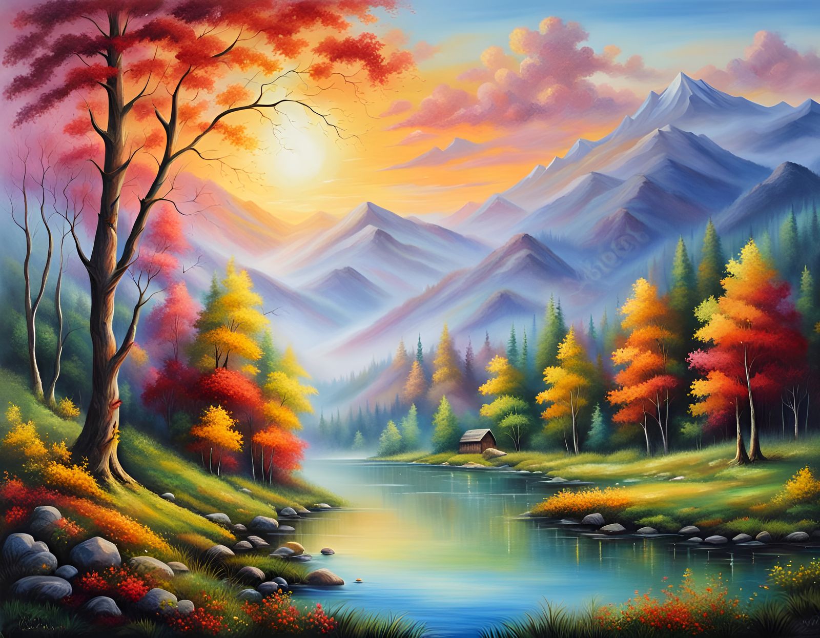 Kashmir Lake Mountain Sunset: Vivid Oil Painting