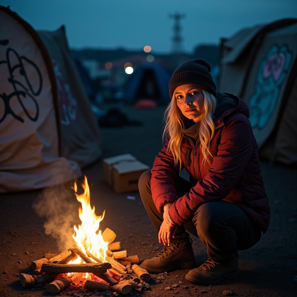Campfire Portrait in Urban Homeless Encampment