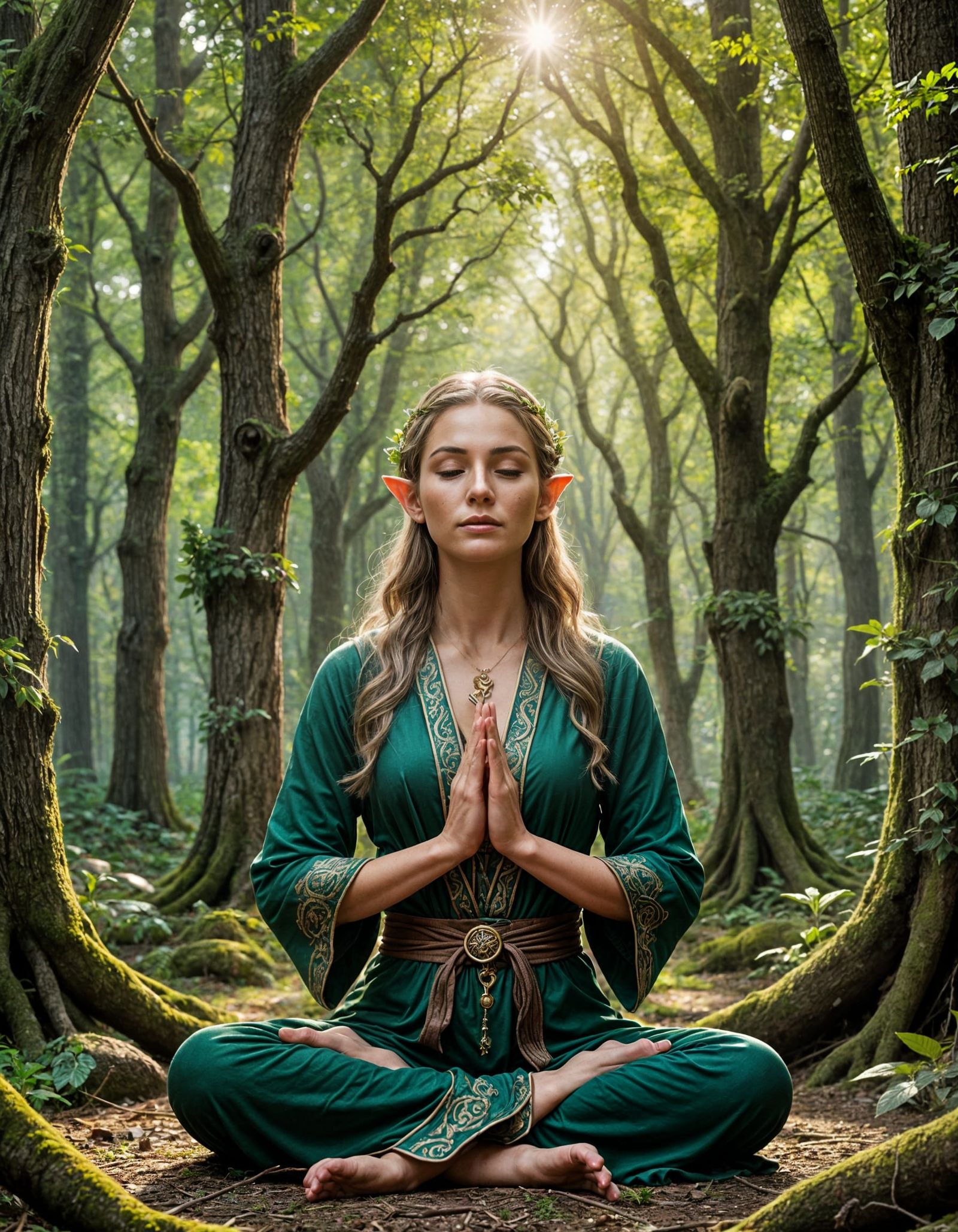 Elven woman mediating in the woods, her hands at her sides i...