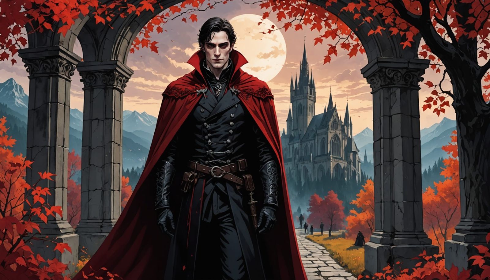 Gothic Vampire in Autumnal Forest, Dark Fantasy Comic Style