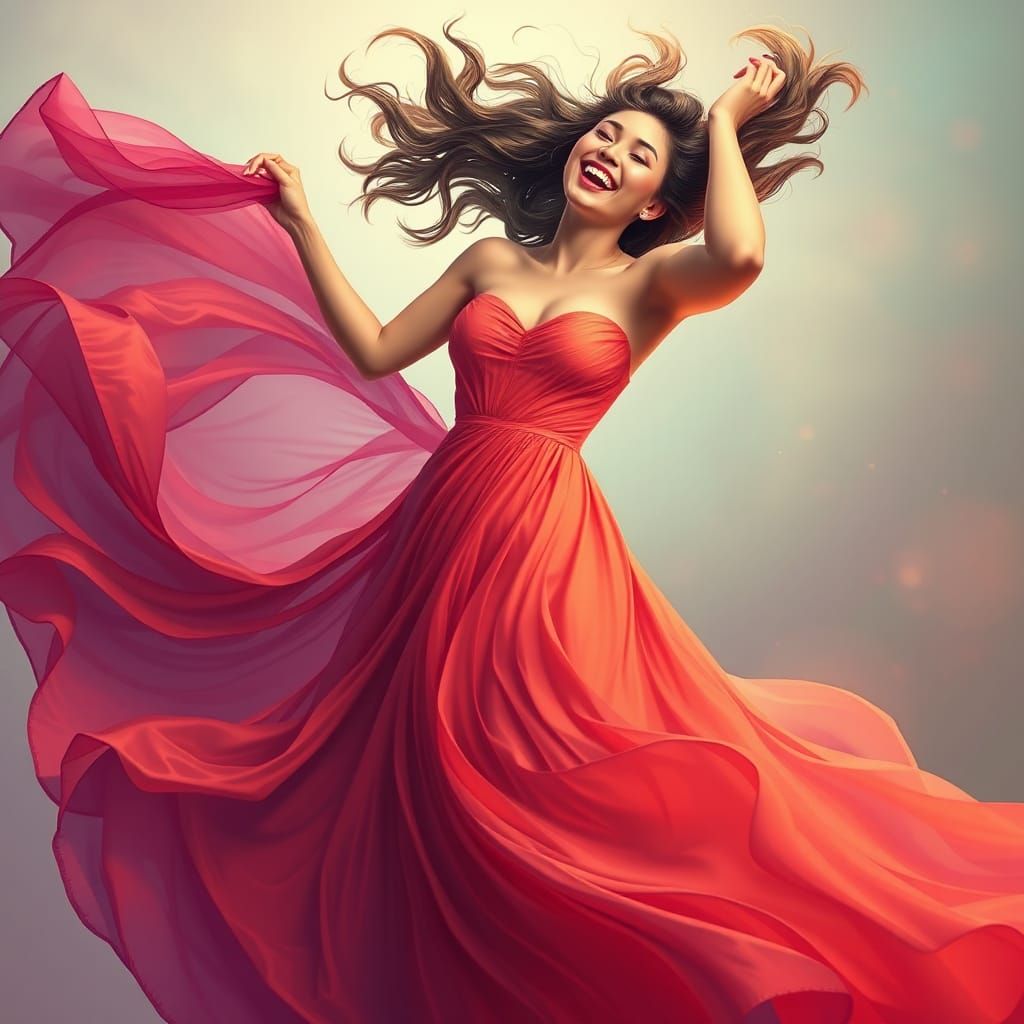Joyful Woman in Flowing Dress: Art Nouveau Digital Painting