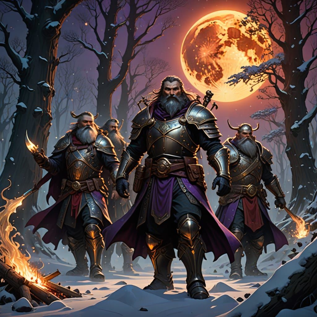 Dwarves in Dark Fantasy Dance Circle Under Red Moon