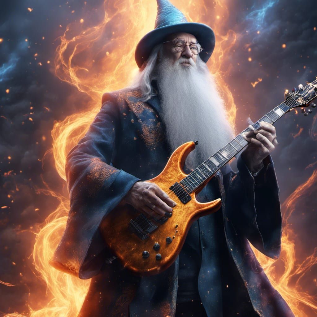 Wizard Rocks Out with Electric Guitar in Space