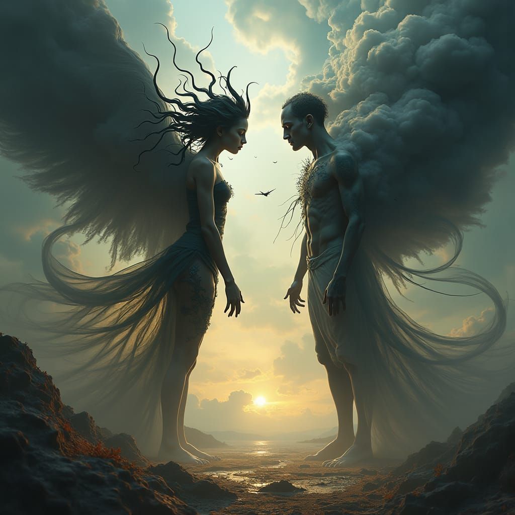 Eternally Bound Figures in Dark Fantasy Landscape