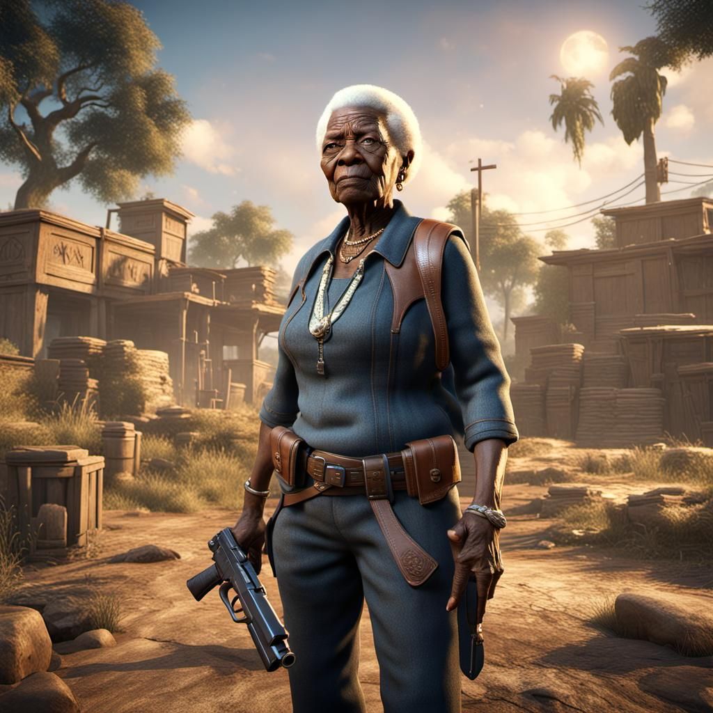 Elderly Woman with Pistol in 3D Cinematic Style