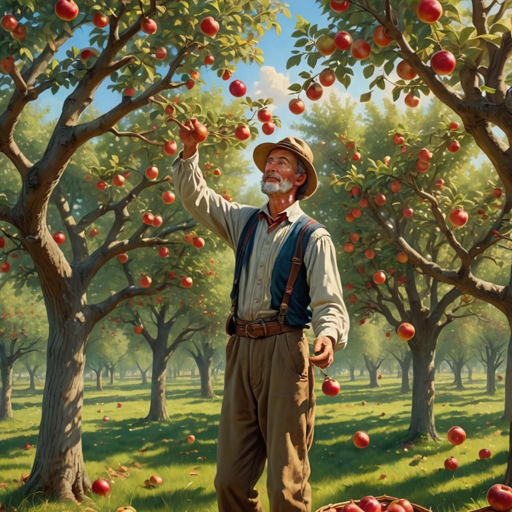 Johnny Appleseed Juggling Apples in Whimsical Orchard
