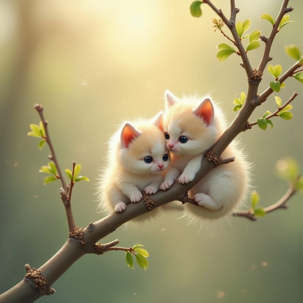Whimsical Willow Branch with Tiny, Fluffy Kittens as Buds