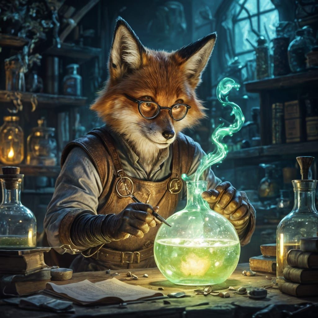 Fox Alchemist Studying Bioluminescent Potion in Lab