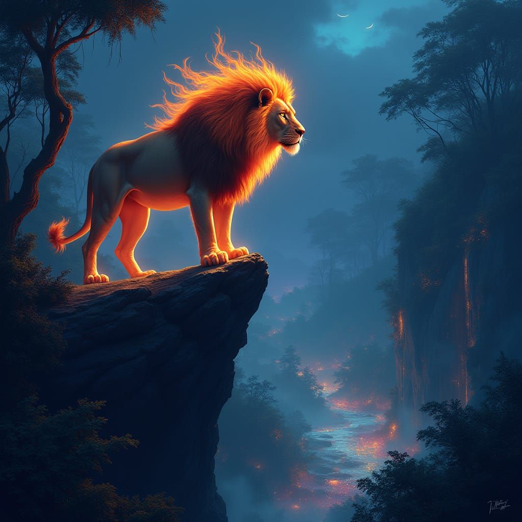 Lion with Flaming Mane Over Bioluminescent Jungle