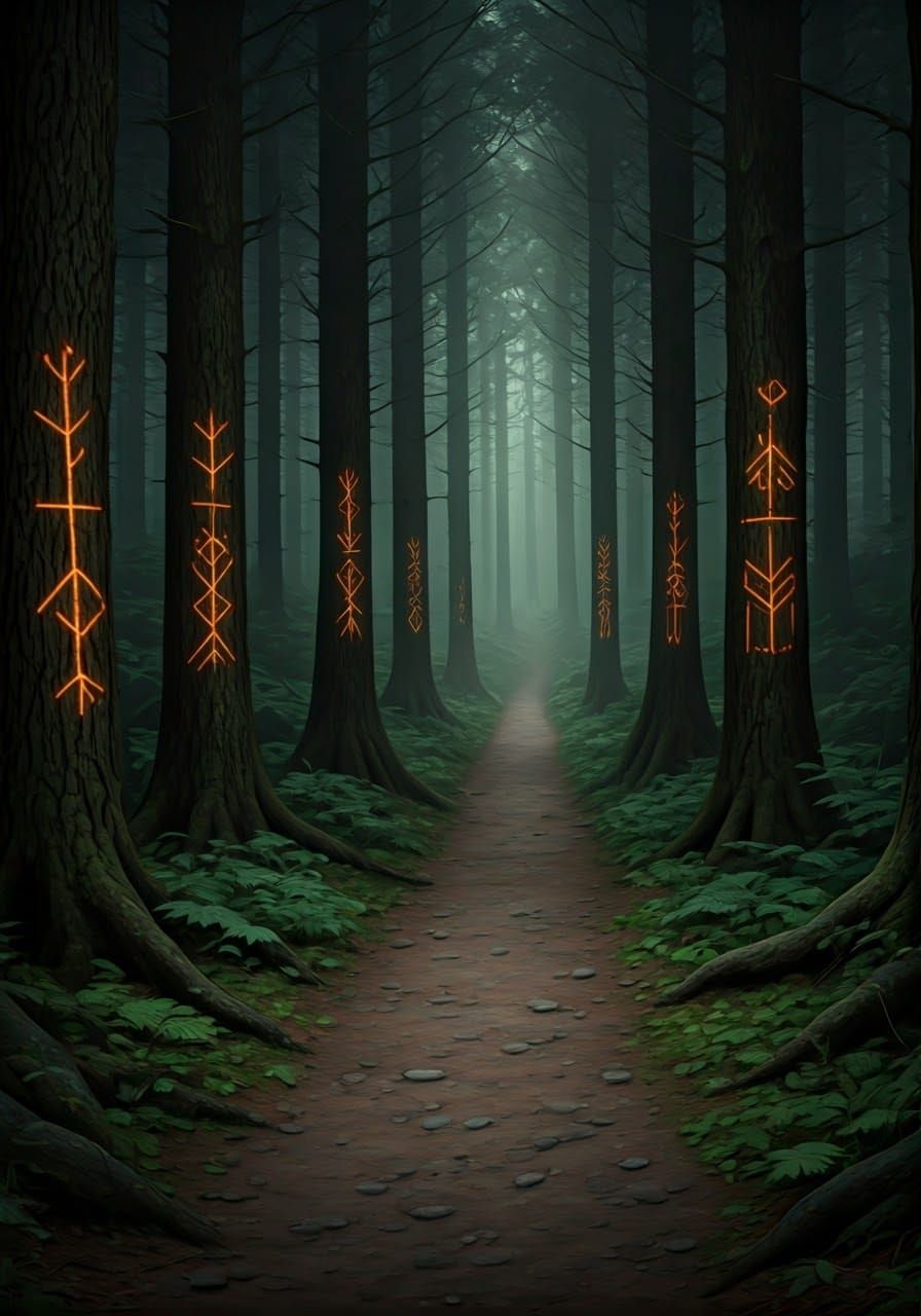 Ominous Forest Path with Glowing Runes