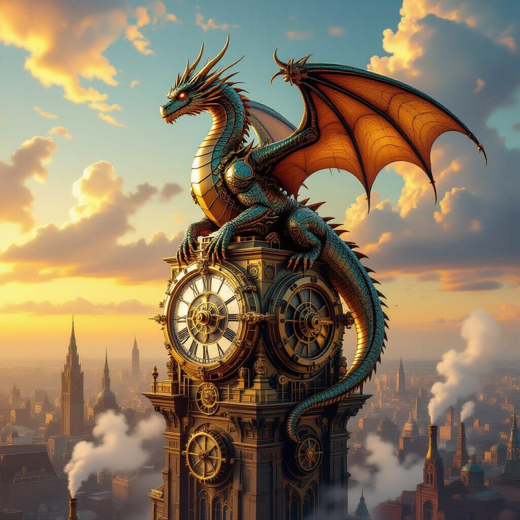 Steampunk Dragon on Clockwork Tower, Industrial Cityscape