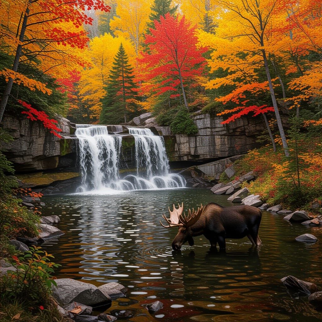 Autumn Forest Waterfall with Moose Drinking in Sunlight