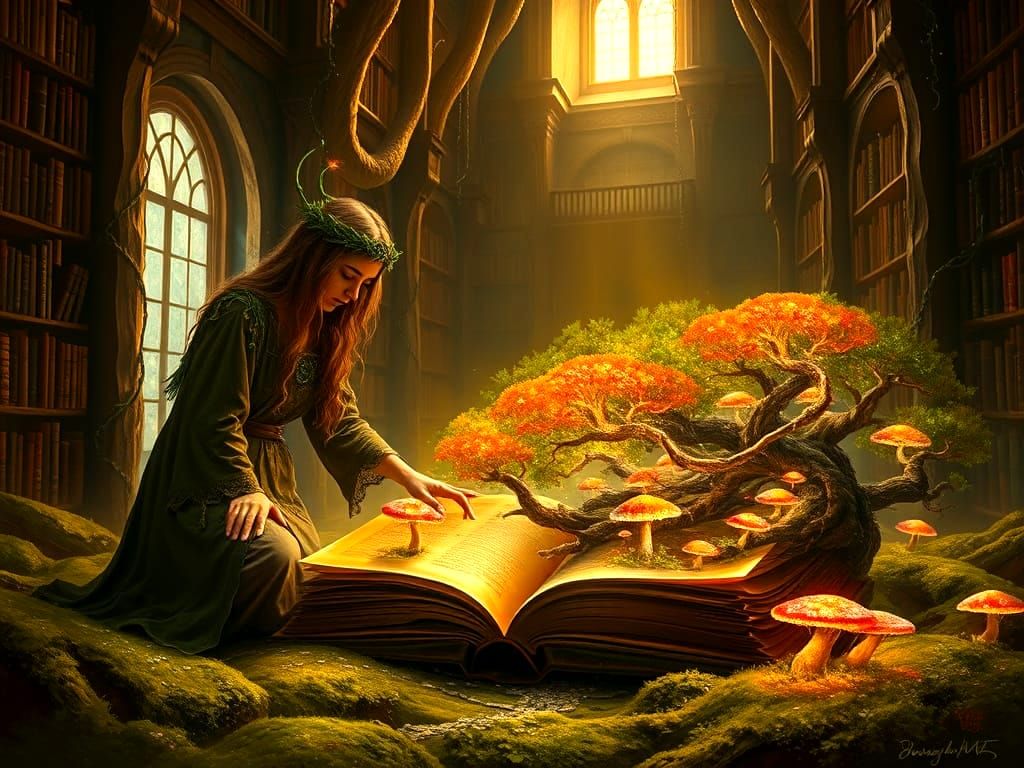 Druid Reading Earth Book in Ancient Forest Library