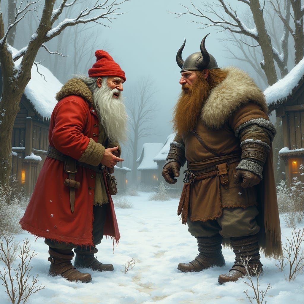 Tomten and Viking Argument in Nordic Village