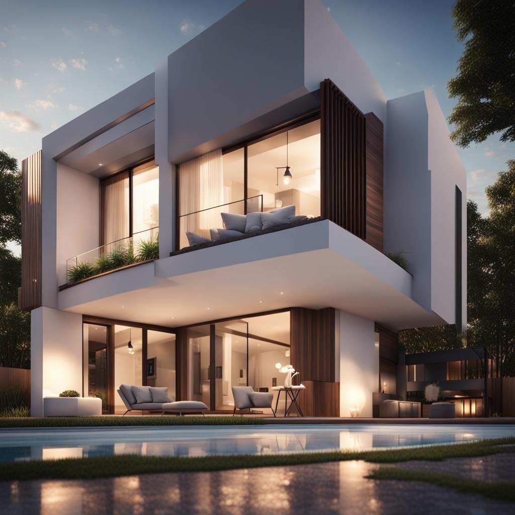 Modern Luxury House with Dog in Landscape