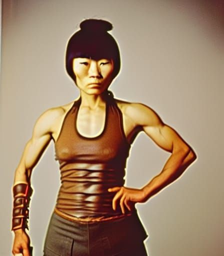 Fierce Warrior Woman Portrait in 1970s Style