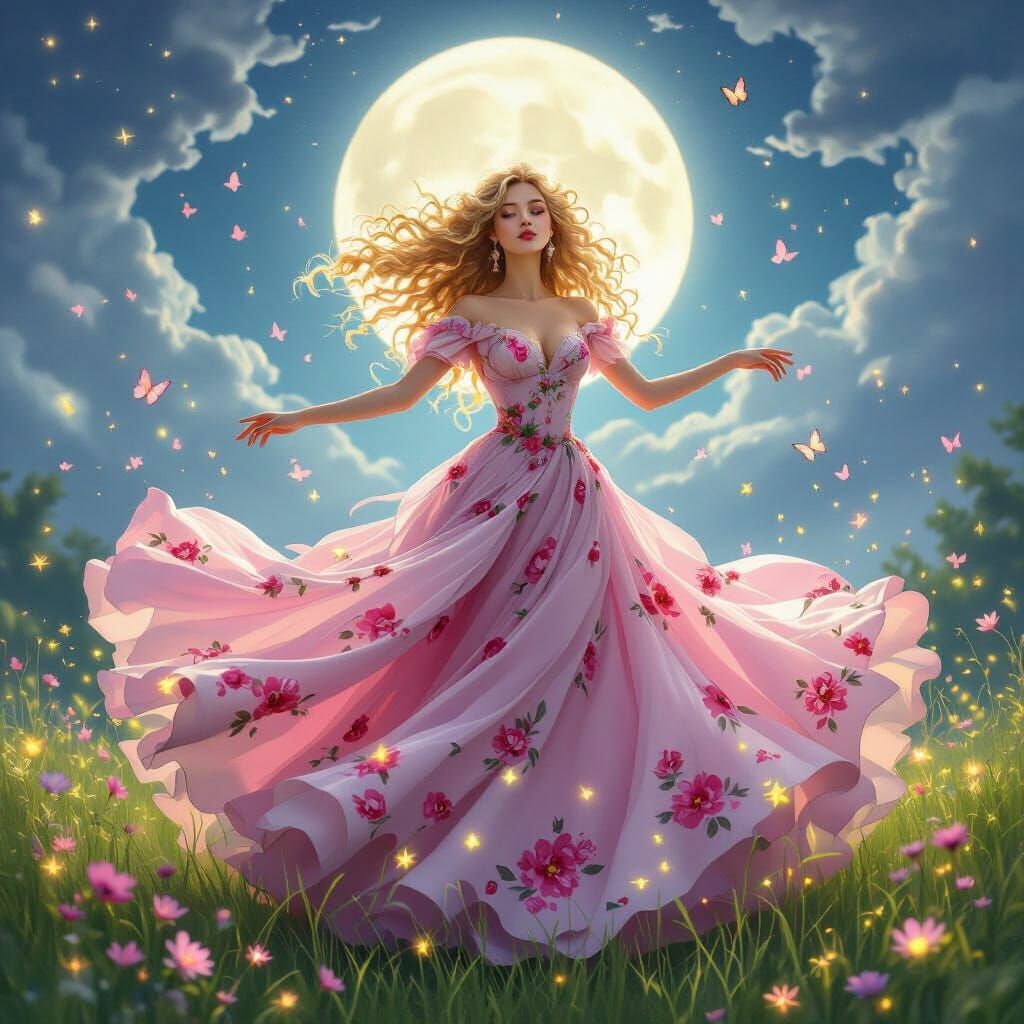Woman in Magenta Gown Dancing in Moonlit Garden