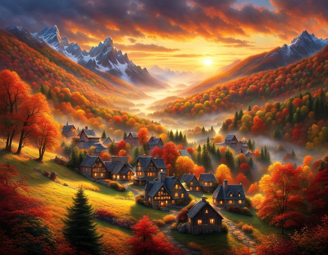 Majestic Sunrise Over Medieval Village in Valley