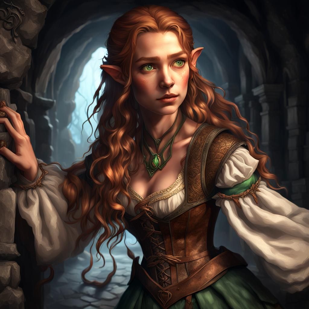 Hobbit Lady Exploring Dungeon, Hyperdetailed Digital Portrai...