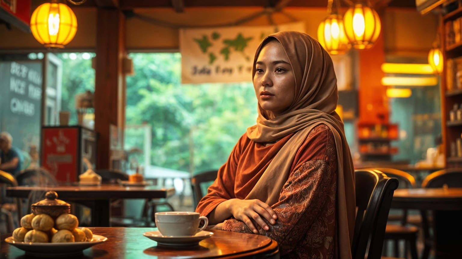 Malay Woman Enjoying Coffee in Traditional Shop