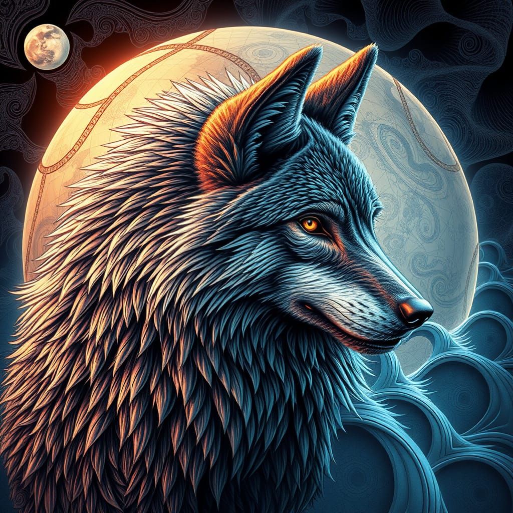 Detailed Beutelwolf in Abstract Vector Fractal Design