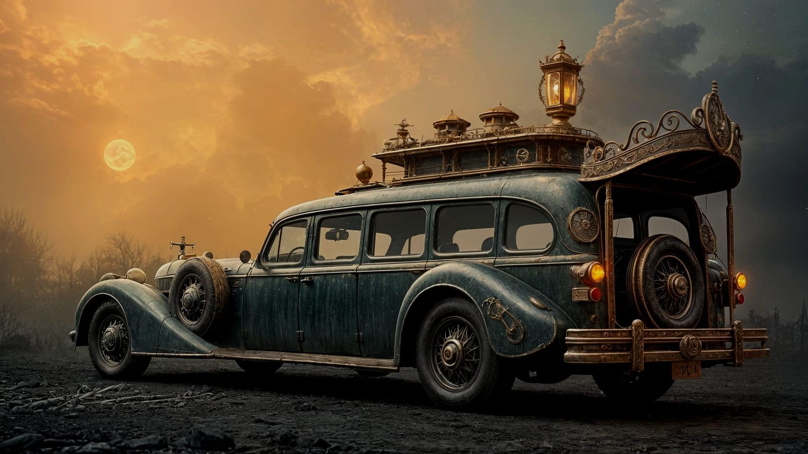 Ornate Steampunk Limousine in Post-Apocalyptic Setting