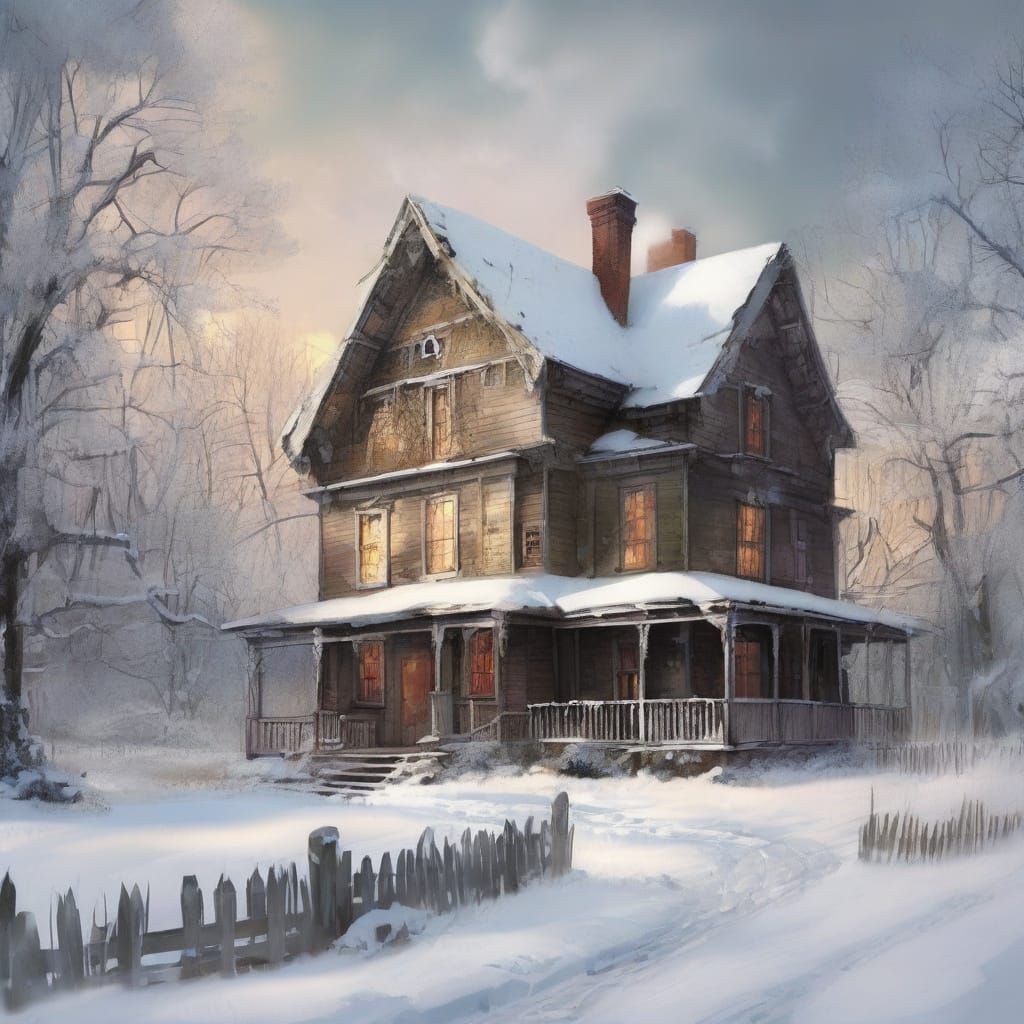 A Snow-Covered Clapboard House in Whimsical Watercolor Style