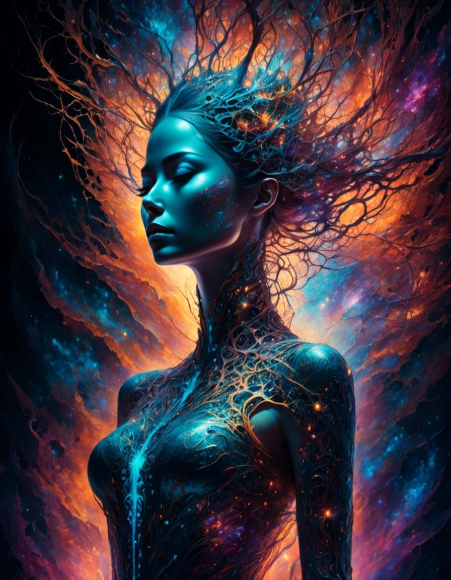 Holographic Neurons Fire Within Cosmic Female Figure