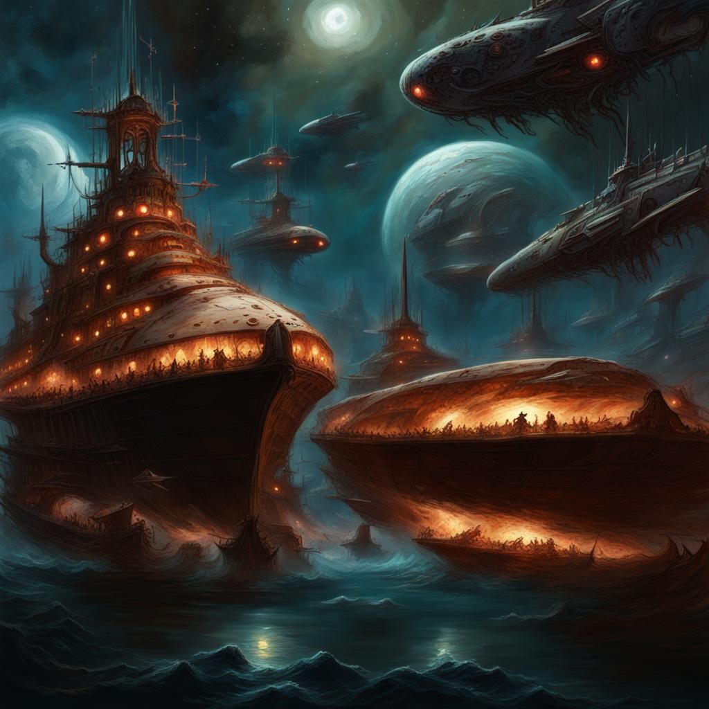 Warships Entangled in Cosmic Horror, Dark Fantasy Art