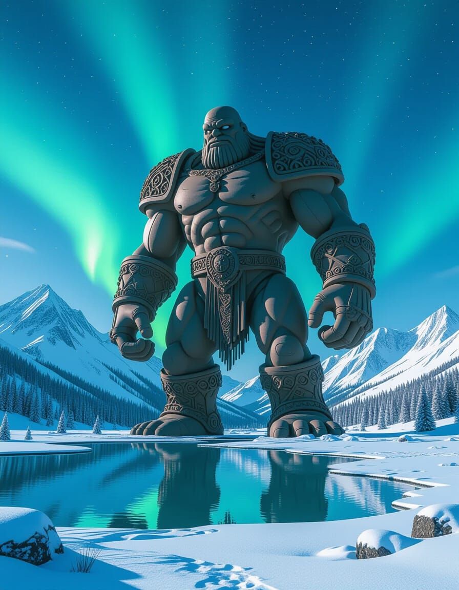 Clay Golem Guarding a Lake Under Aurora Borealis