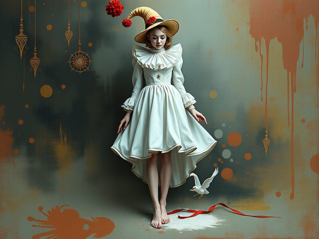 Surreal Female Pierrot in Elegant White Costume