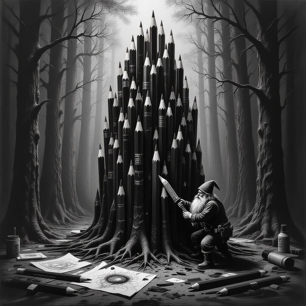 Dwarf Lumberjack in Charcoal Forest Oil Painting