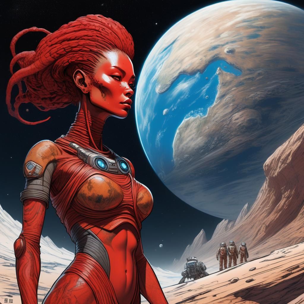 Alien Woman Watches Astronaut in Manga Style