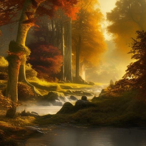 Golden Forest Village in Dark Fantasy Style