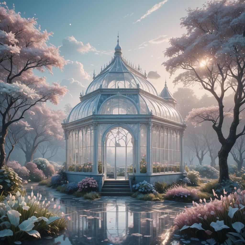 Enchanting Glasshouse in a Misty Pastel Landscape