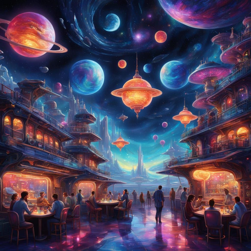 Cosmic Night Cafe in Vibrant, Dreamlike Style