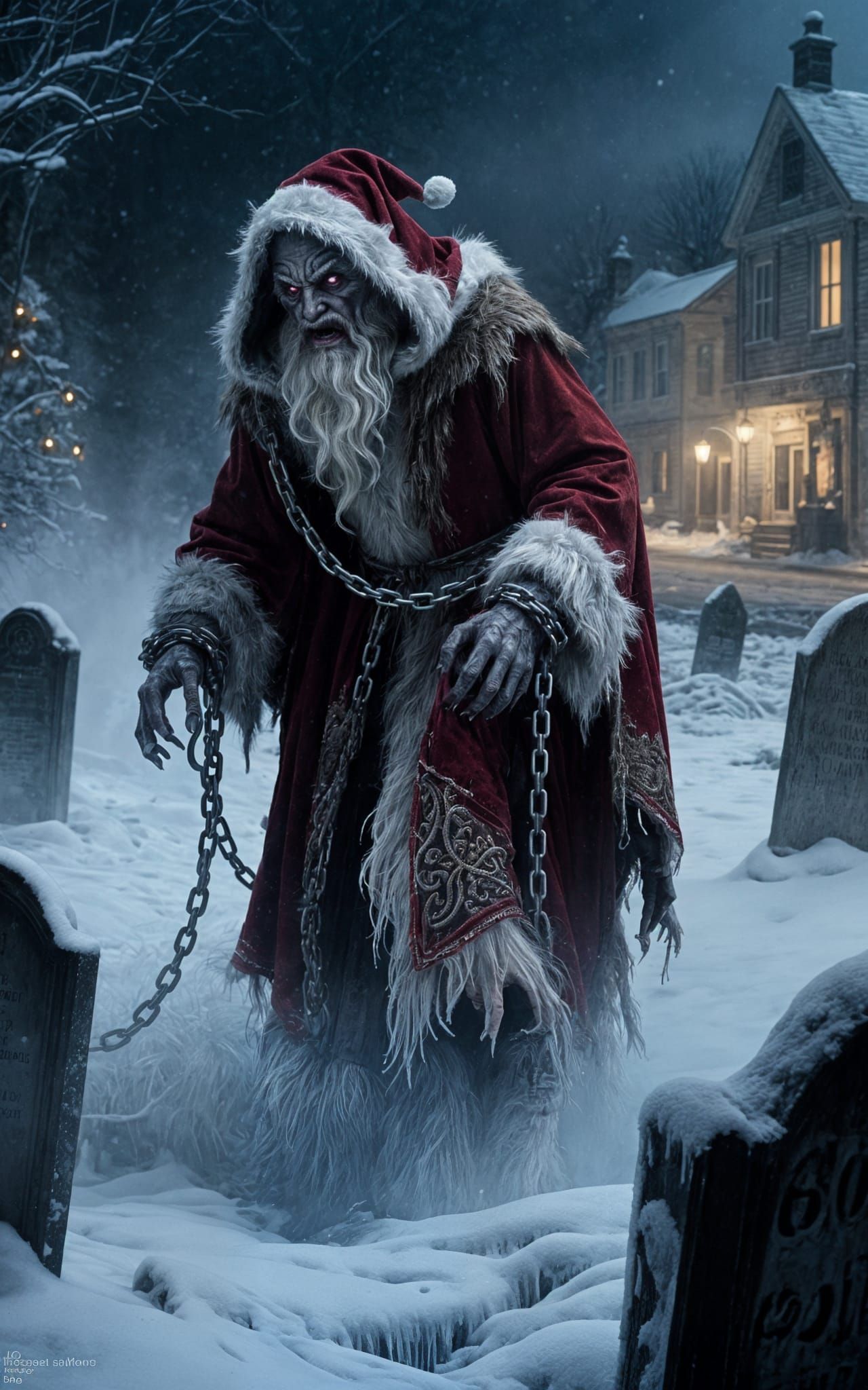 Krampus in Misty Graveyard with Town