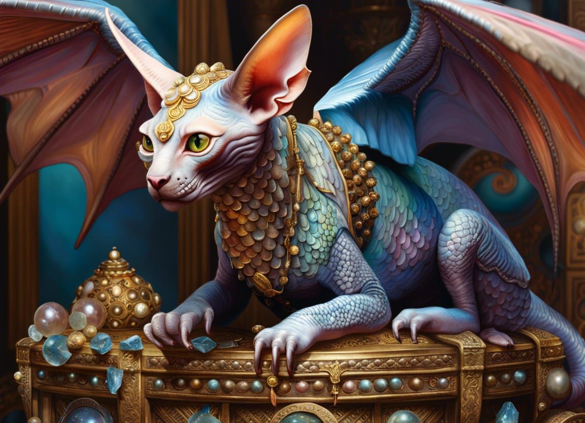 Sphynx-Cat-Dragon Hybrid on Treasure Pile