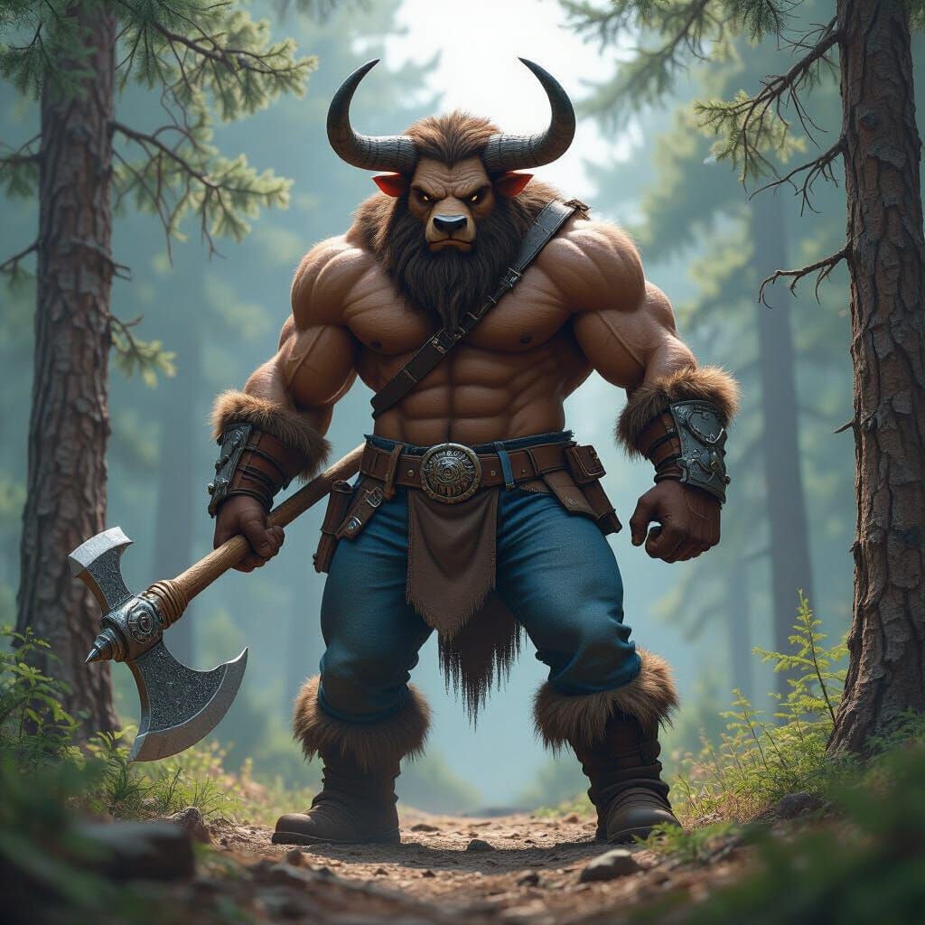 Lumberjack Minotaur in Pine Forest, Detailed Matte Painting