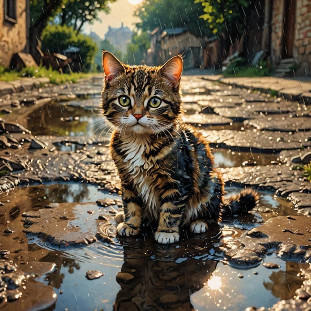 small cat sits in a puddle