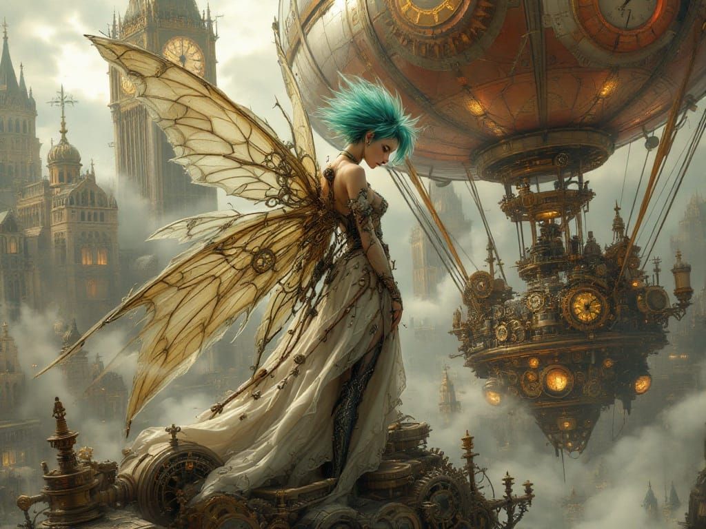 Steampunk Fairy with Clockwork Wings on Zeppelin