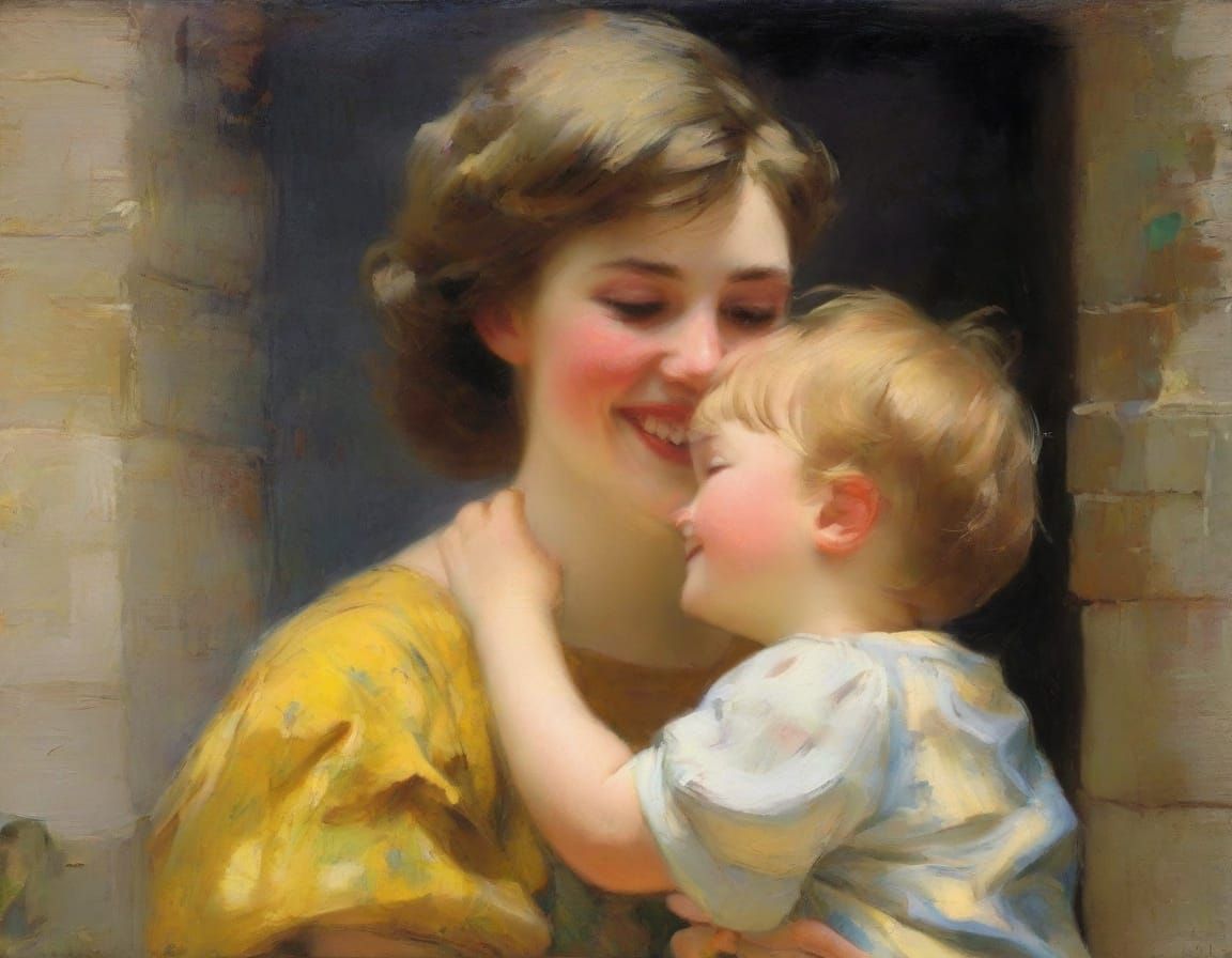 Mother and Child in Joyful Embrace, as Impressionist Paintin...