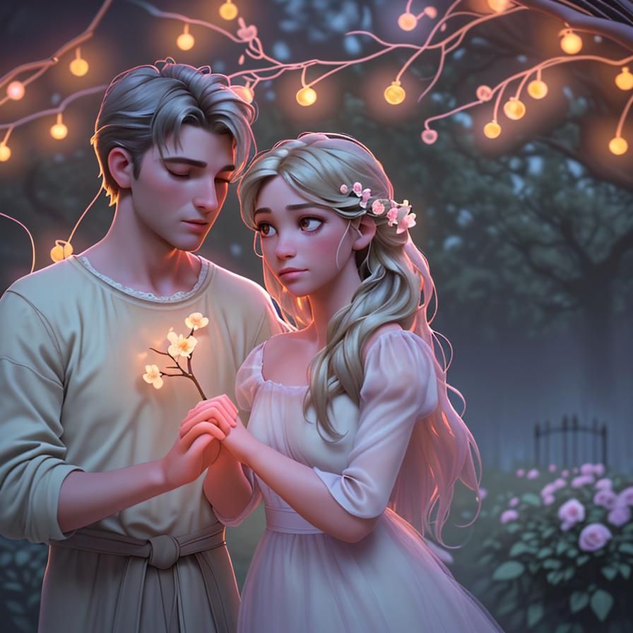 Romantic Couple in Moonlit Garden, Cinematic Film Still