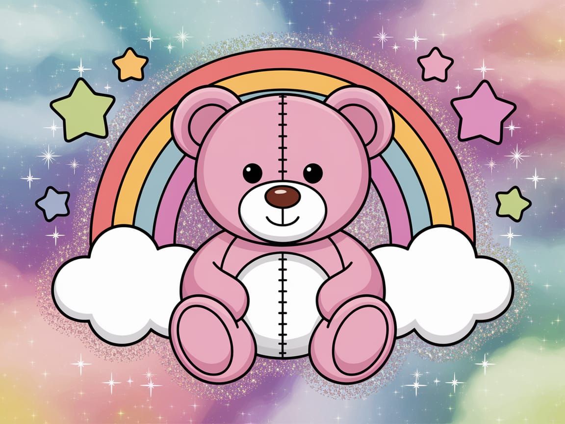 Pastel Teddy Bear Surrounded by Rainbow and Stars