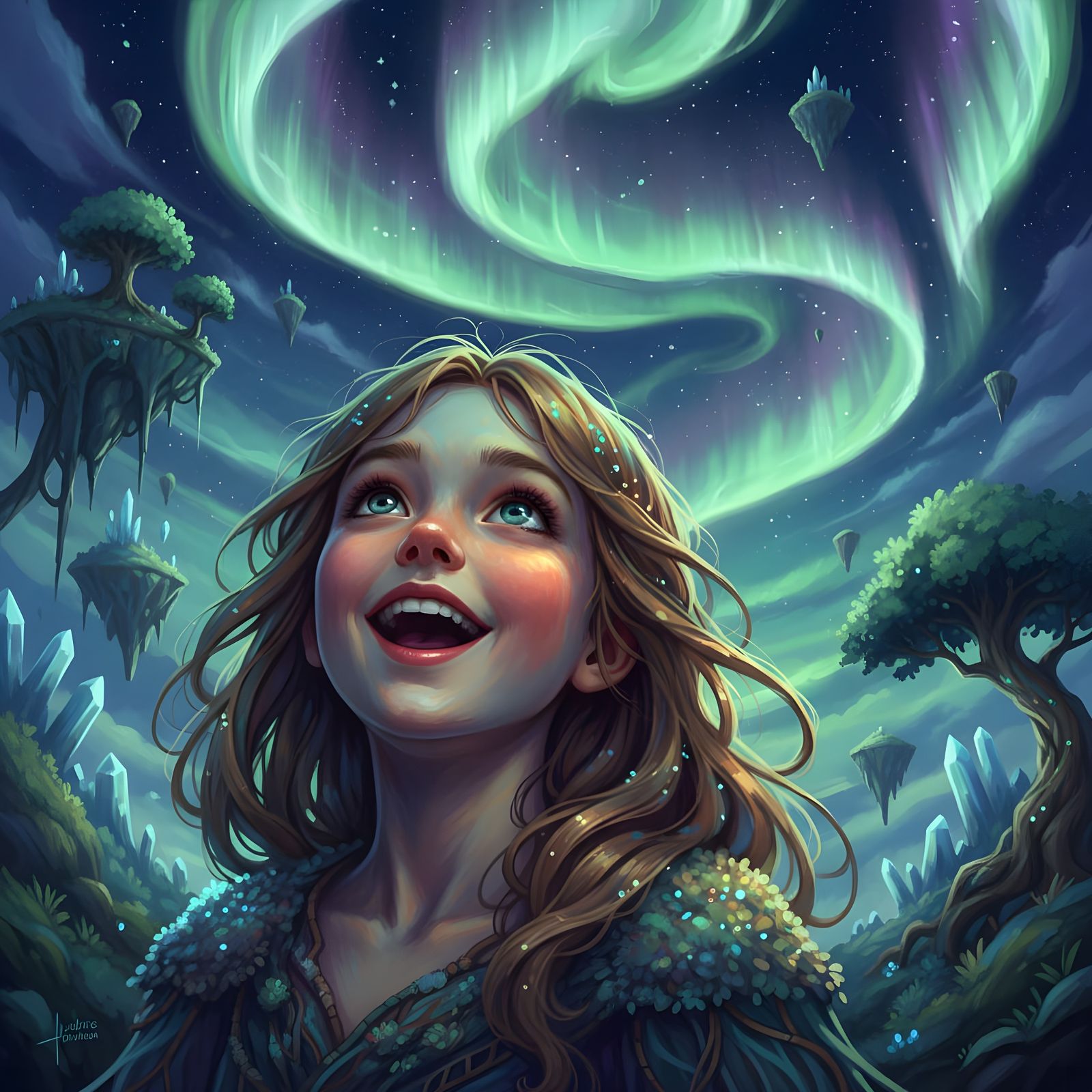 Young Girl Amazed By Borealis Auroras