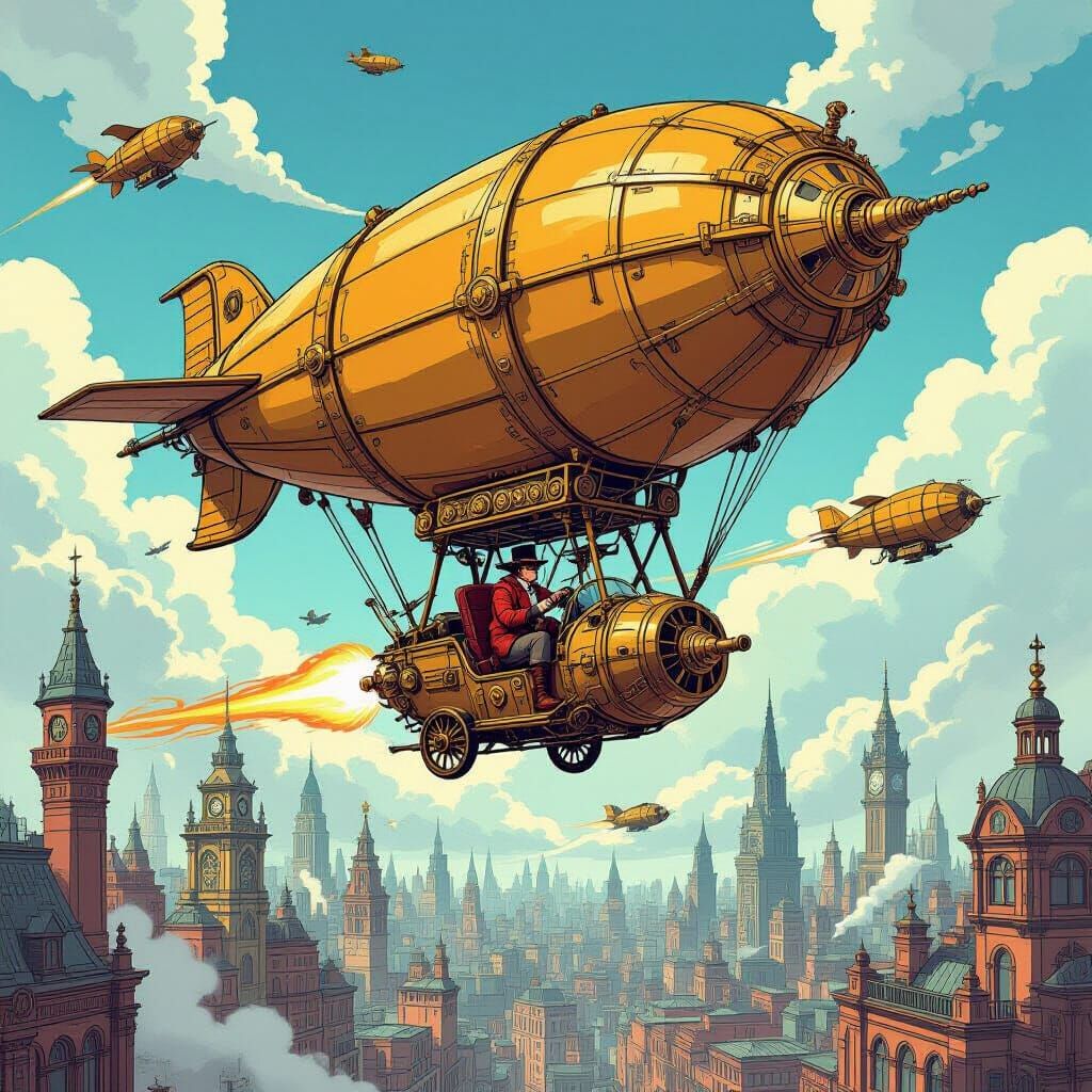 Steampunk Metropolis with Zeppelins in Manga Style